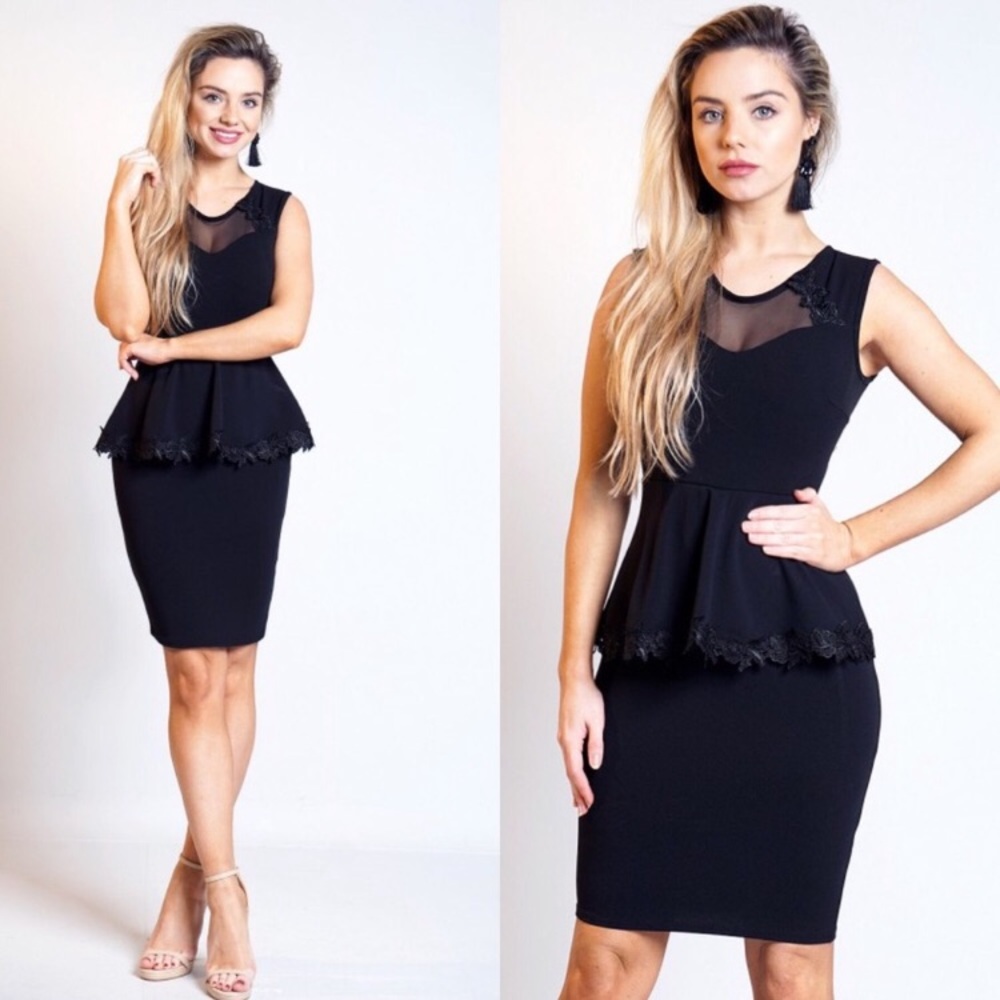 ✨FLASH SALE!!✨5⭐️NEW CHIC BLACK PEPLUM DRESS w/ LACE DETAIL✨PERFECT LBD!😍